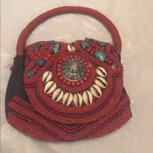 Hand beaded ornate turquoise coral shell bag
